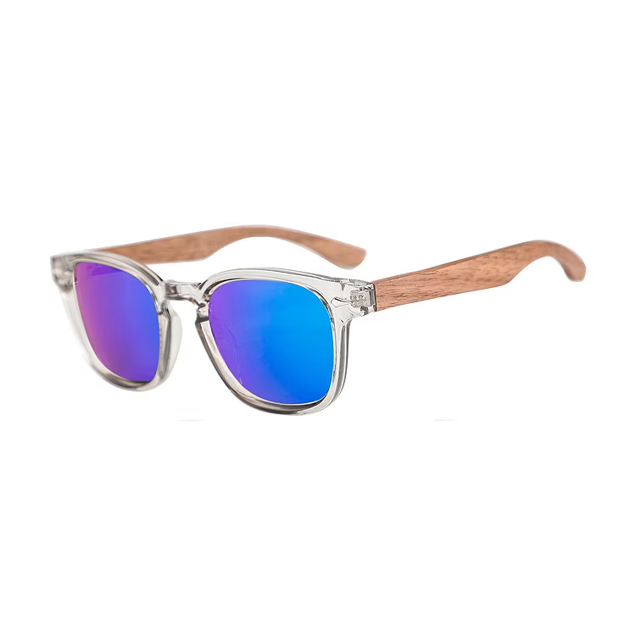 Lentes de sol modelo Holy Wood en color transparente con cristales polarizados y espejado celeste - Camalens PC + Madera certificada